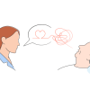 Illustrated image of healthcare professional on the left with brown hair, blue collared shirt and white gown speaking to a patient on the right, their head against a blue pillow. In between them is an illustrated speech bubble with red scribbles that turn into a heart.