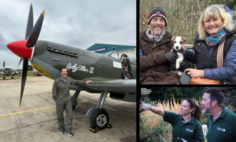 Left: Mark recently fulfilled his dream to fly in a spitfire aeroplane. Top right: Mark with his wife Sue and Reggie the dog. Bottom right: Mark volunteering in the Harefield Healing Garden